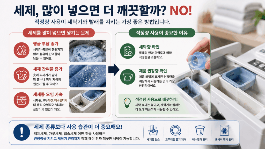 세탁세제를 많이 넣었을 때 생기는 세제 잔여물과 세탁기 오염