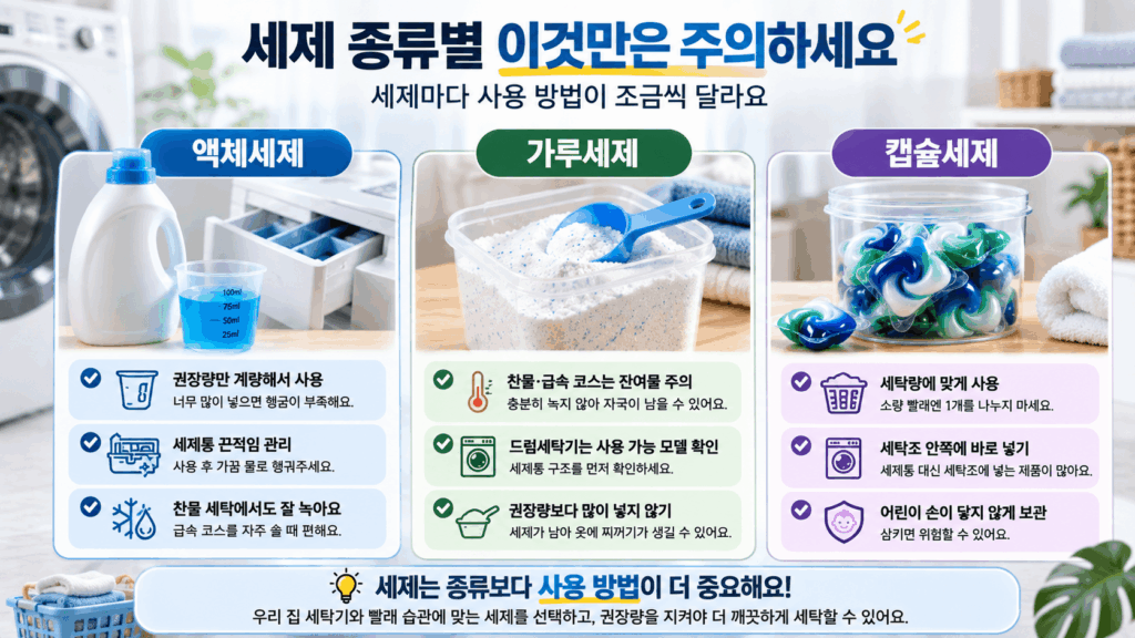 액체세제 가루세제 캡슐세제 종류별 사용 주의사항